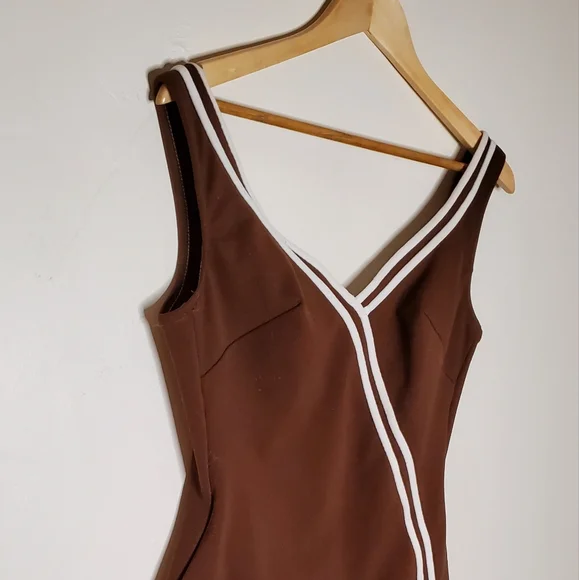 60s Sweetheart Brown Vintage One Piece Swimsuit with White Striped Lining - Picture 2 of 13